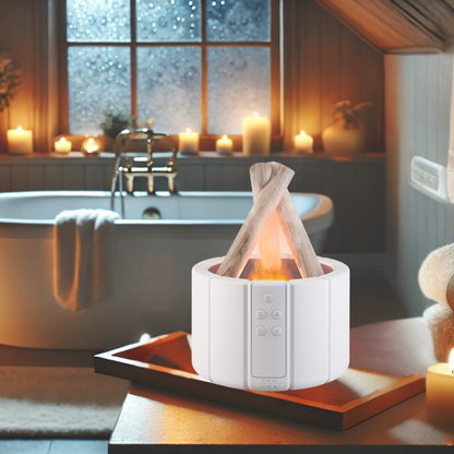 A white bonfire diffuser that is perfect for during a bath near the tub