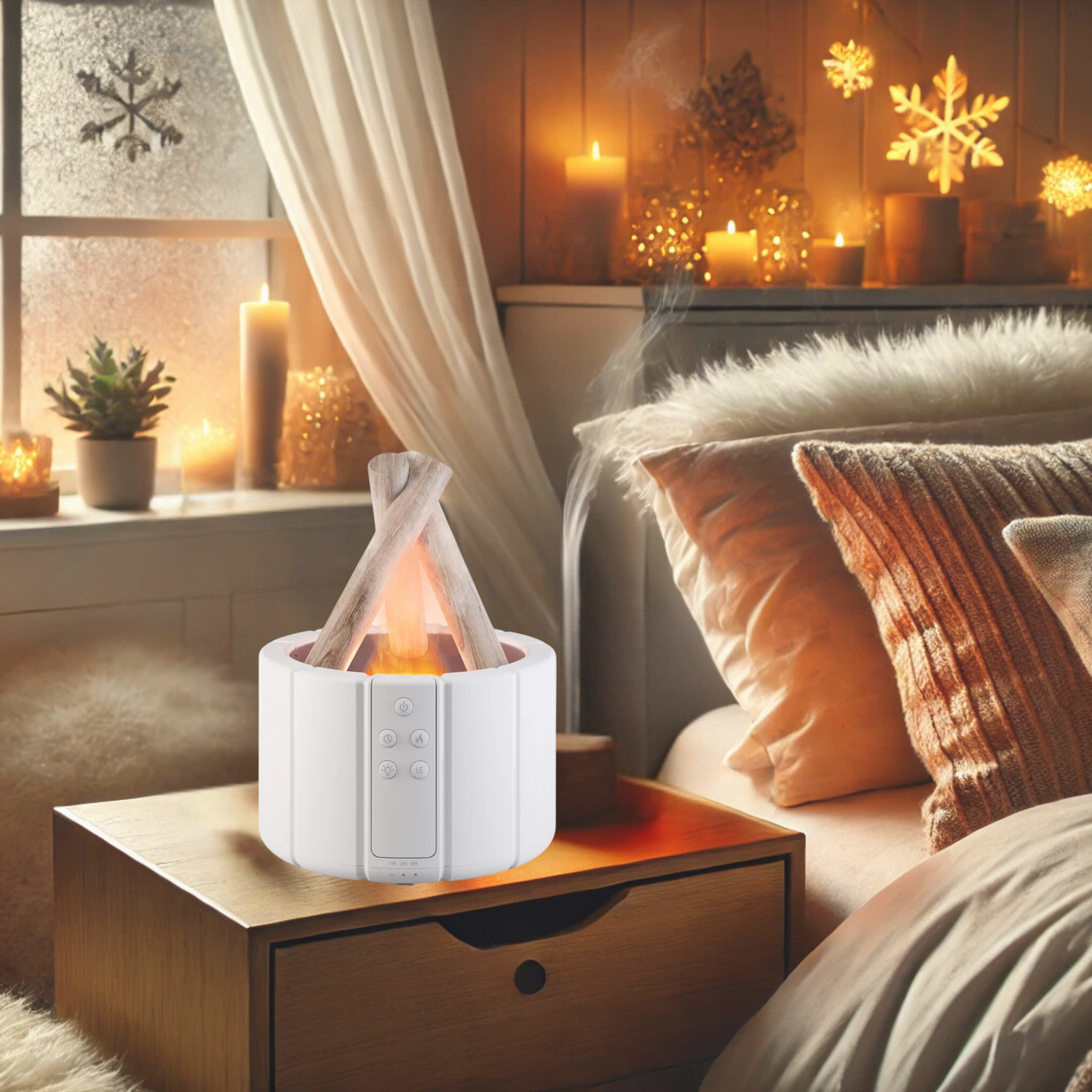 A white bonfire diffuser that is perfect for the bedroom night stand near your bed